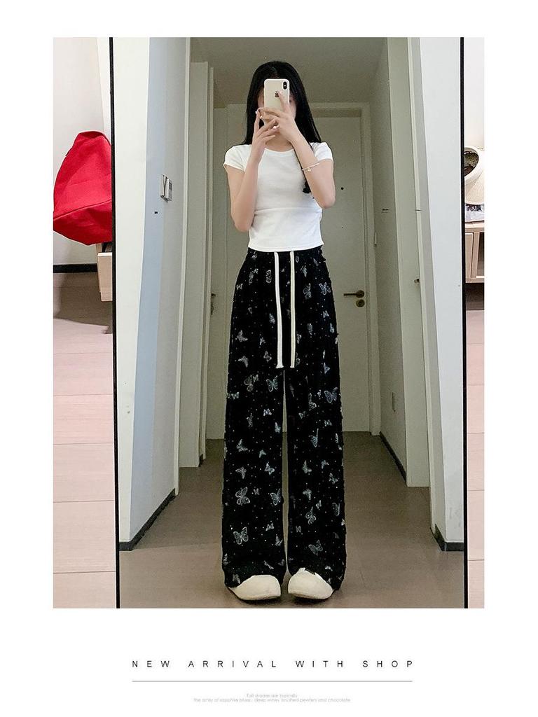 Sommerhose für kleine Frauen mit hohem Bund und weitem Bein, mit Innenfutter und Schmetterlingsrissen - Lässiger und bodenlanger Stil