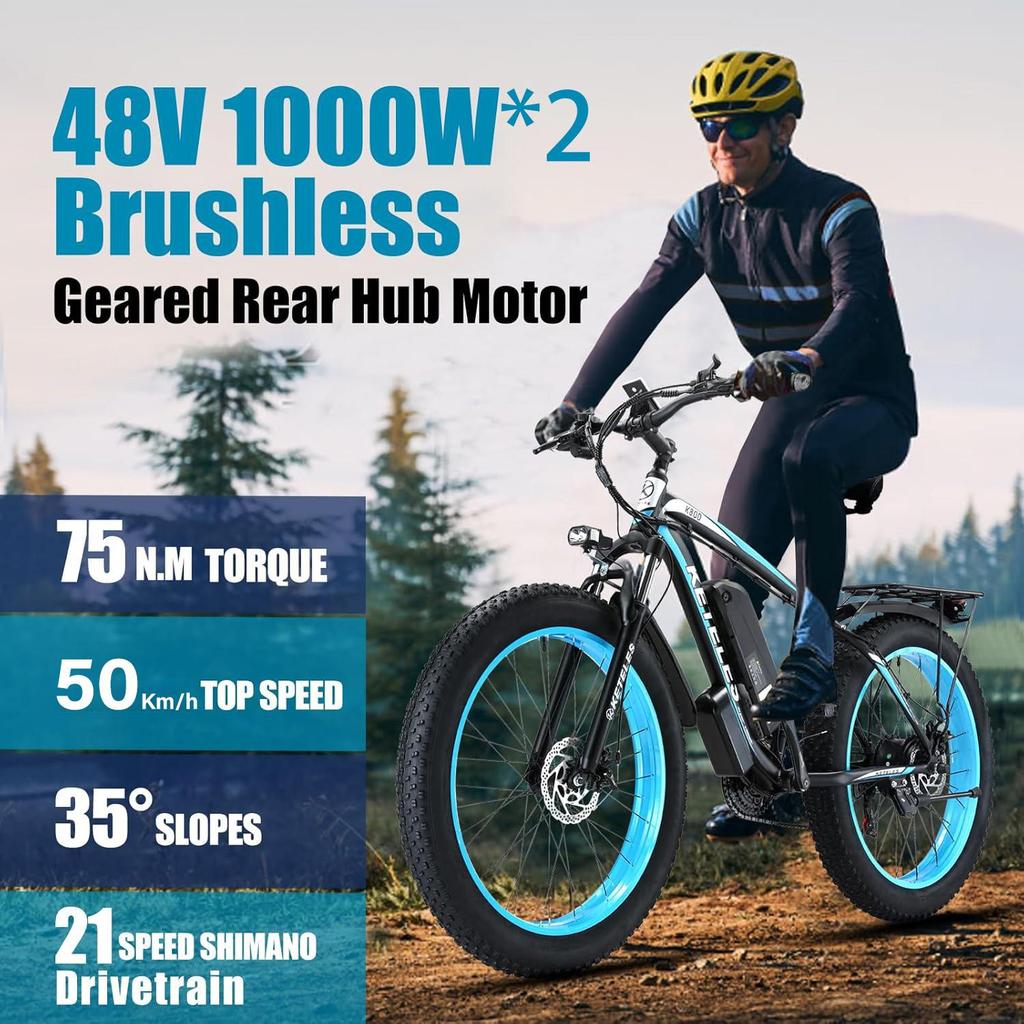 Electric Bike All Terrain Keteles 26" 1000Wx2 Motor Adult Fat Tire Electric Bicycle 21 Speed Top Speed 50Km/h Load 150Kg Green K800