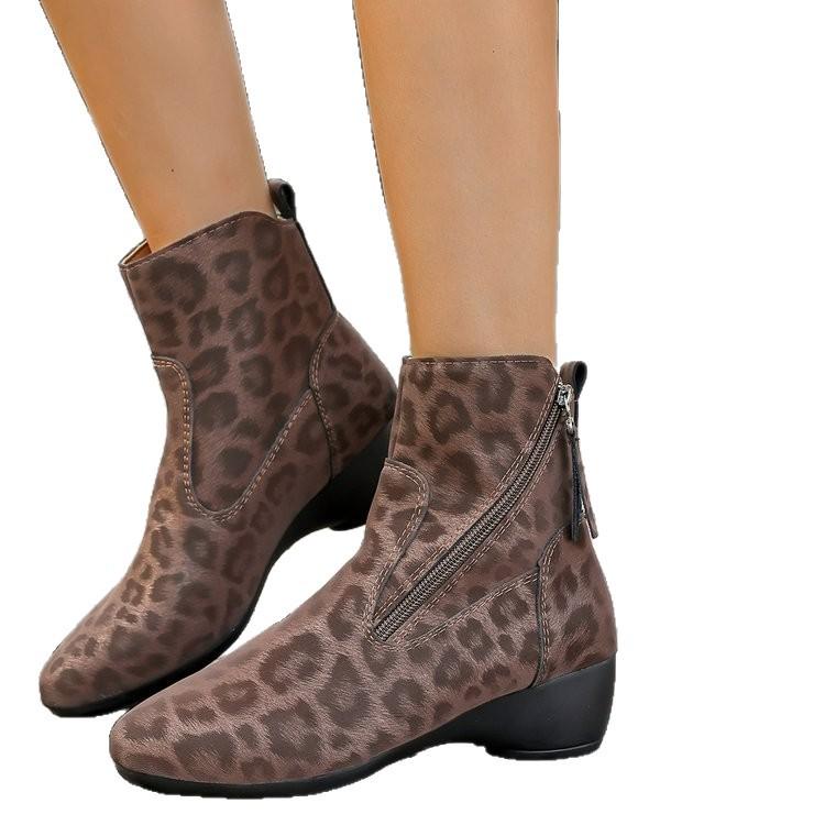 Autumn and Winter Leopard Print Thick Heel Medium Heel Comfortable Large Size Fashion Boots Women's Side Zipper Women's Boots
