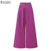 ZANZEA Womens Casual Elastic Waist Solid Color Loose Wide Leg Pants