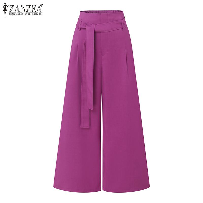 ZANZEA Womens Casual Elastic Waist Solid Color Loose Wide Leg Pants