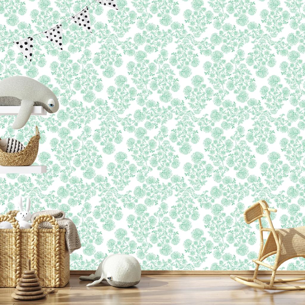 Wallpaper Flowers white and mint, white background for living room and bedroom 50x1000
