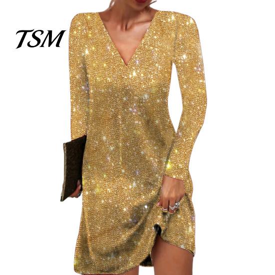 Lady Long Sleeve Dress Women V Neck Shiny Sequin Loose A-line Solid Color Fit Mini Soft Breathable Pullover Elastic Above Knee Length Party