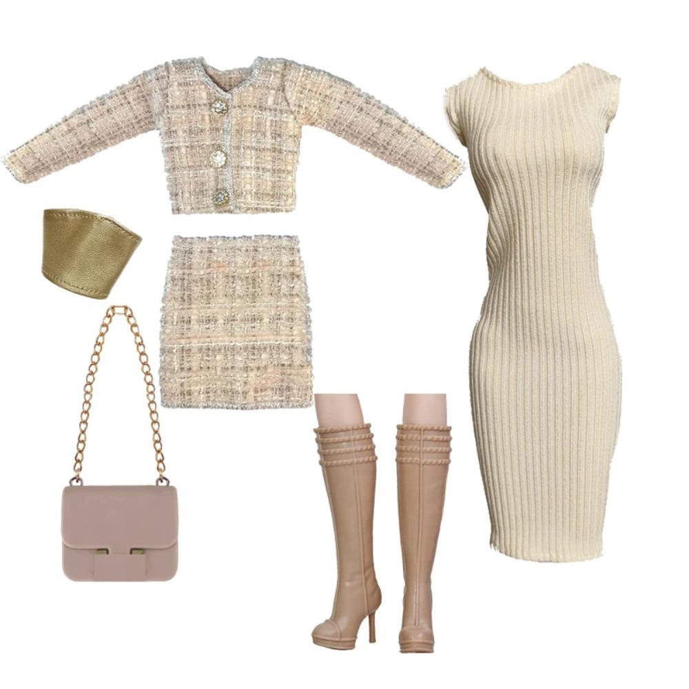 Elegantes Puppenoutfit für 1/6 Puppe Modepuppe Rosa Hahnentritt-Kleid Hut Goldener Gürtel Handtasche mit Schuhen Set