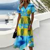 Women's Casual Hawaiian Floral Print V Neck Short Sleeve Midi Dress Summer Beach Vacation Dress