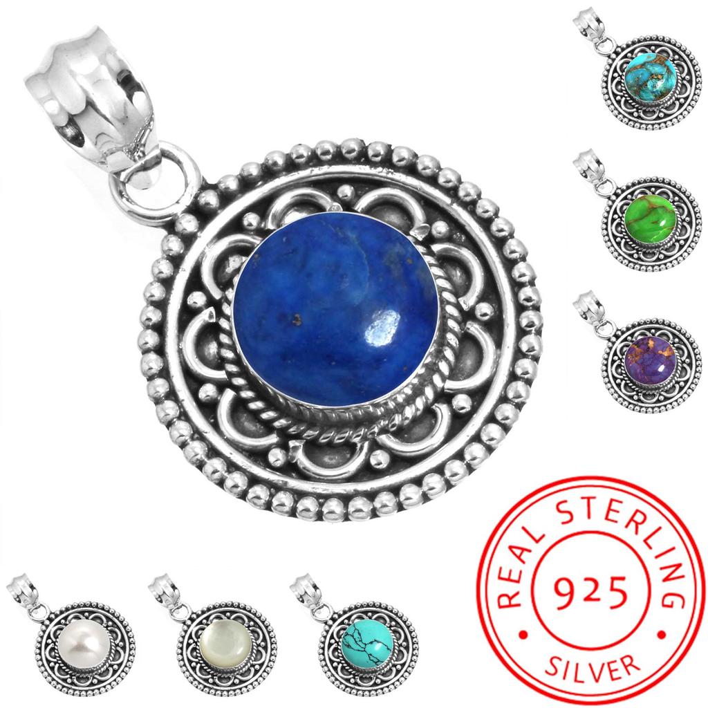 925 Sterling Silver Pendant Women Gemstone Handmade Jewelry Wedding Gift Blue Green Purple Copper Turquoise Pearl Lapis Mother Of Pearl Vintage