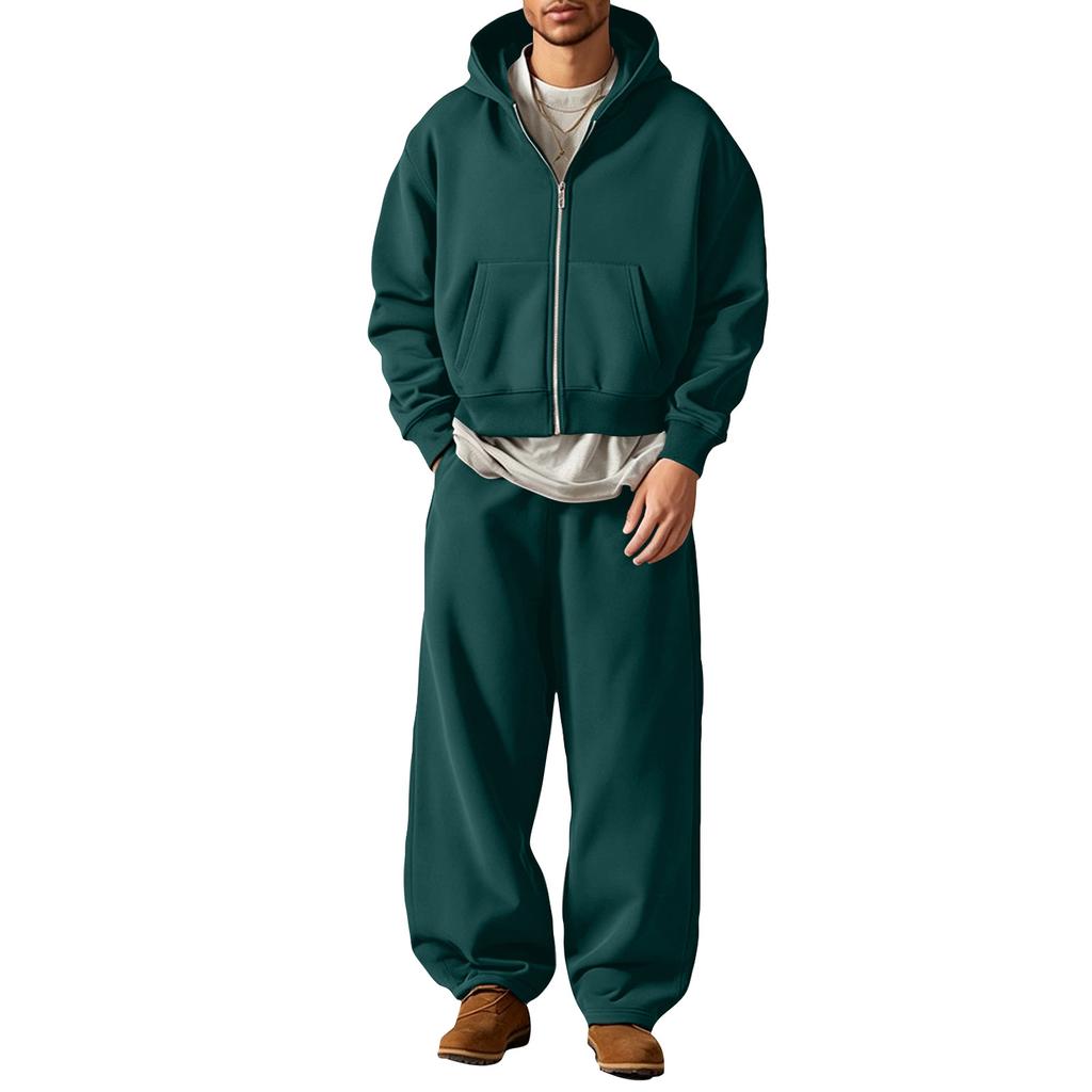 Winter Hooded Zip-Up Sweatshirt and Sweatpants Set Matching Tracksuit for Women and Men