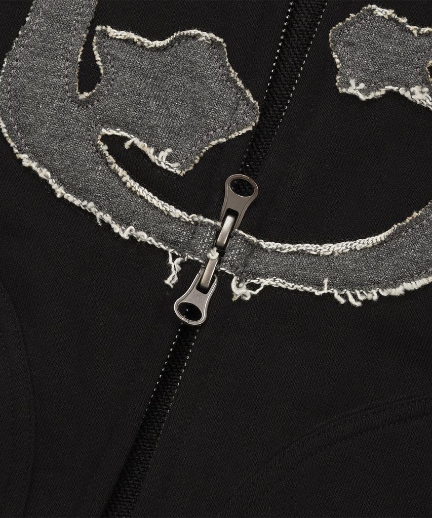 Lmr Cat Symbol Patchwork Crop Zip-Up Hoodie Black
