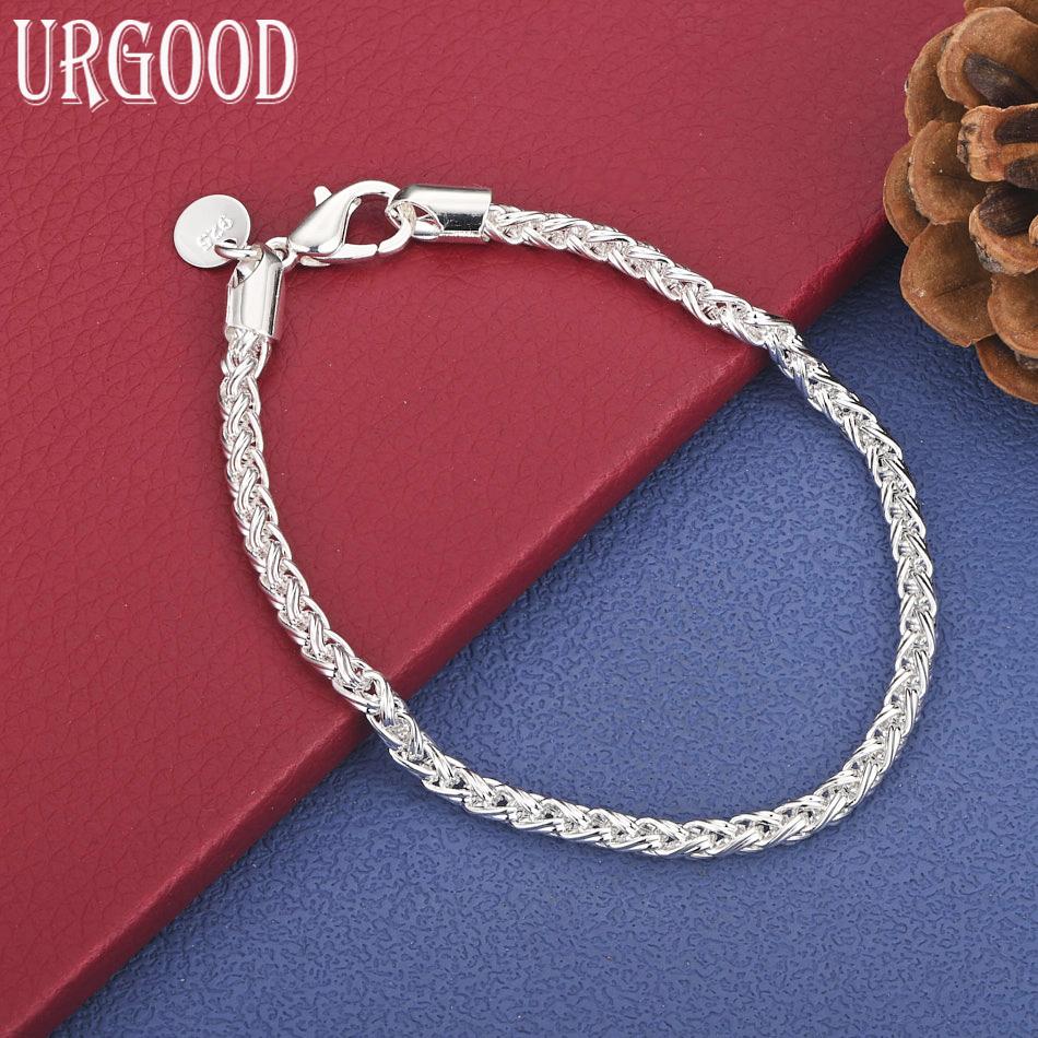 925 Sterling Silver 4mm Side Chain Charm Bracelet Gift Jewelry