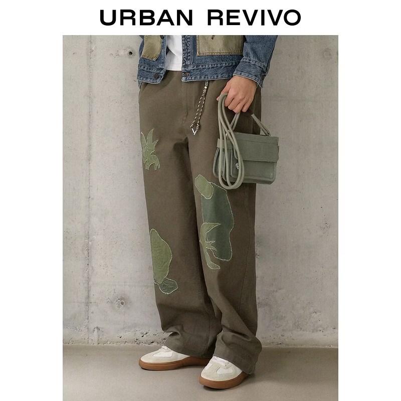 UR Men's Retro Elastic Waist Patch Cotton Straight-Leg Pants