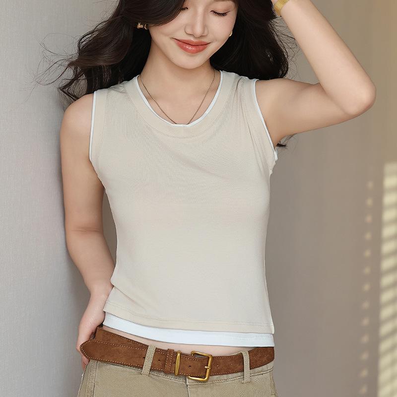 2026 Spring/Summer Women's Sleeveless Two-in-One Modal U-Neck Color Block Slim Fit Vest