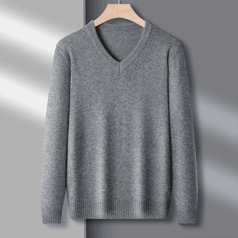 2024 Men's V-neck Solid Color Wool Knit Pullover Sweater
