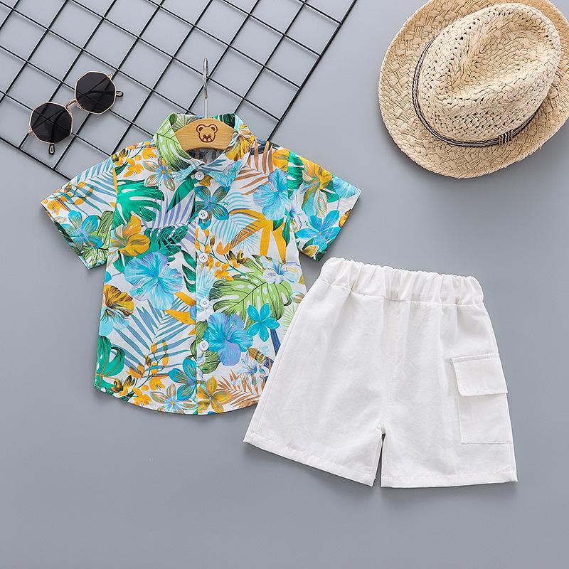 Boys' Island Style Short Sleeve Summer Clothes Set – Breathable Turn-Down Collar Shirt & Infant Two-Piece Outfit