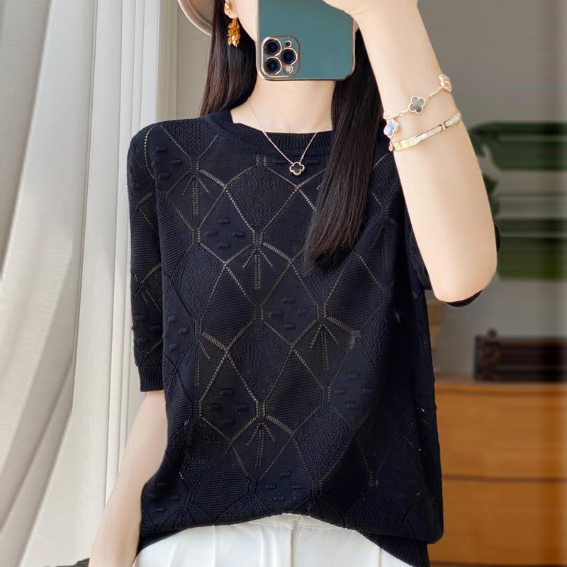 Women Knit T-shirt Summer Knitted Shirt Short Sleeve Tees O-neck Pullover Knit Tops Female