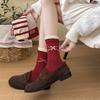 Women's Big Red Christmas Socks: Year of the Horse, Cute Polka Dot Bow, Lace Fabric, Striped Mid-Calf Design