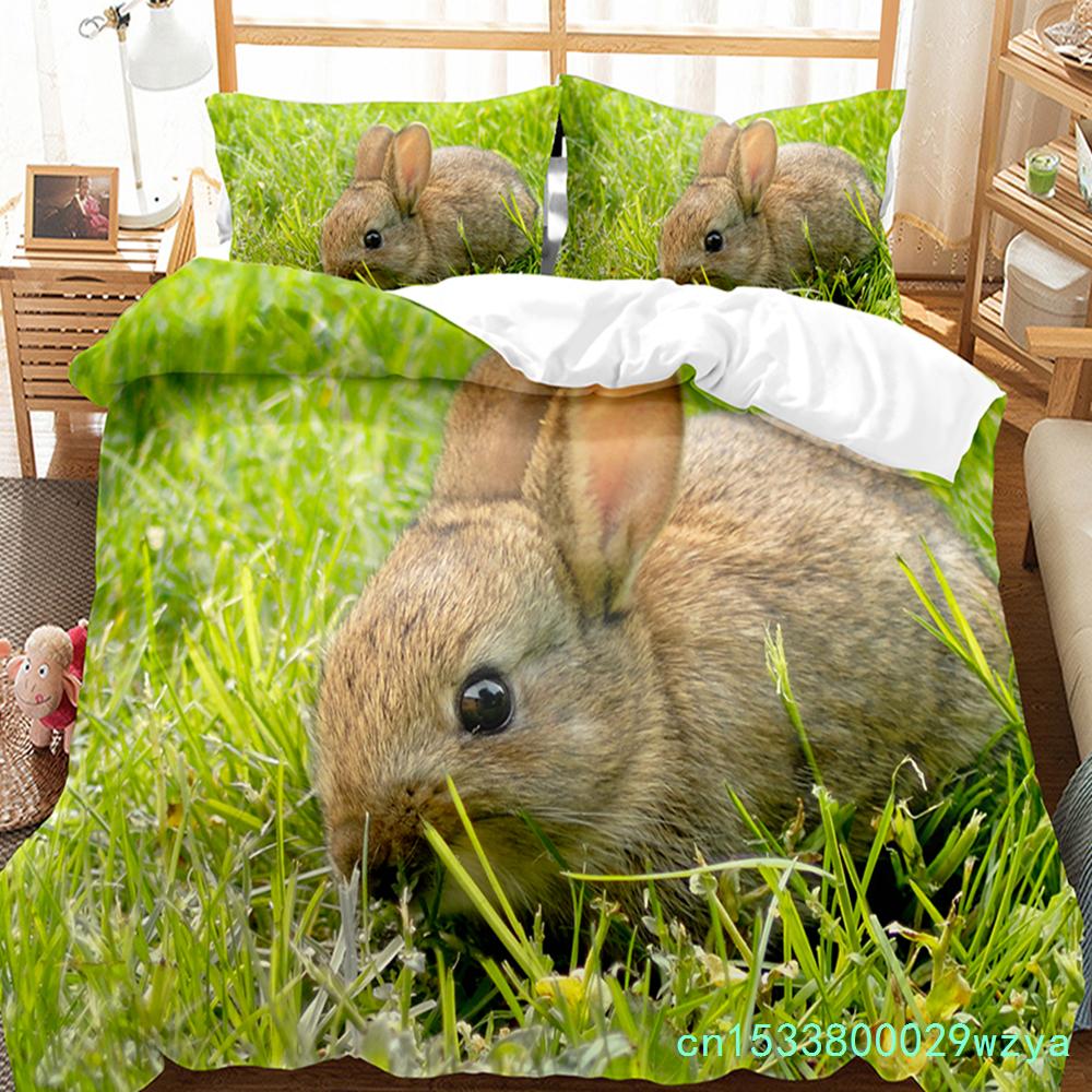 Cute Rabbit Duvet Cover Set Animals Polyester Comforter Cover King Queen Size For Kids Boys Girls Bedding Set With Pillowcase