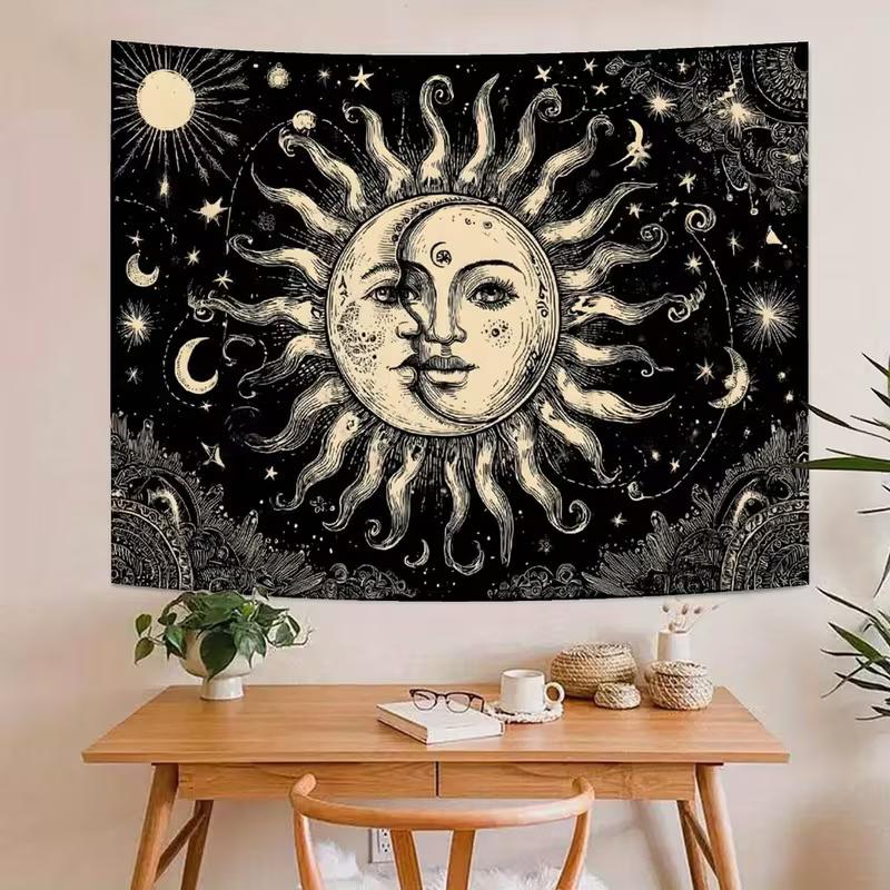 2D Sun and Moon Tapestry Black and White Celestial Wall Hanging Decor