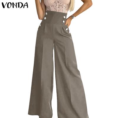 Women Vintage High Waist Loose Wide Leg Solid Color Trousers