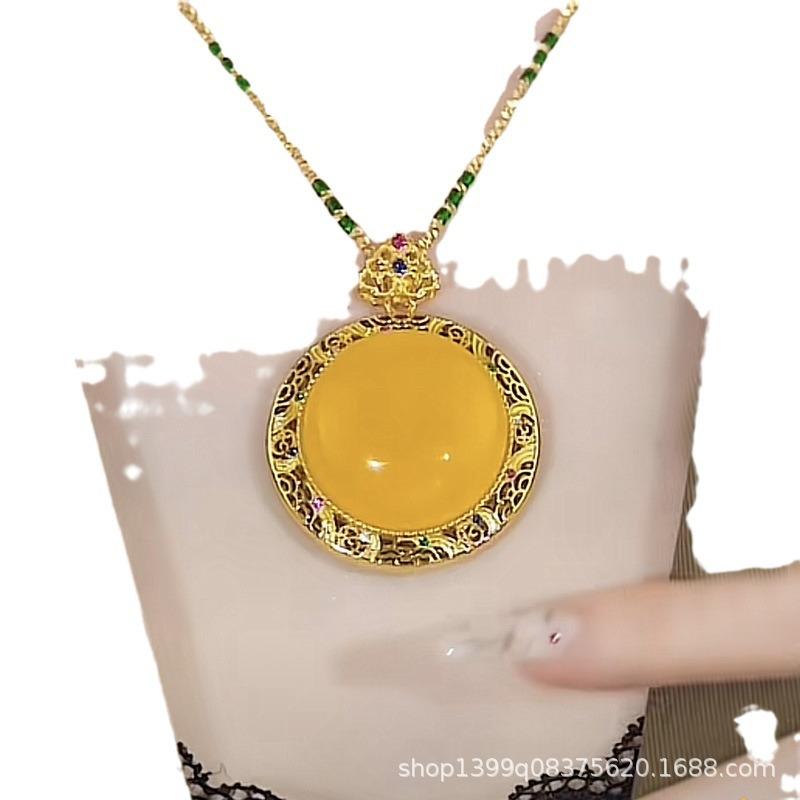 Iridescent Amber Cloisonné Enamel Pendant Necklace - Autumn Winter Landscape Accessory