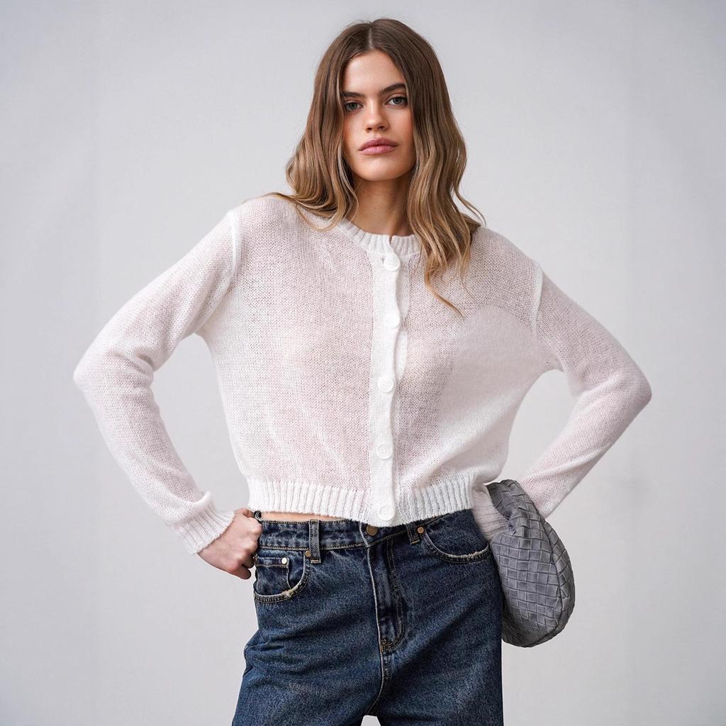 Solid Colour Simple Knitted Cardigan Autumn Lazy Versatile Casual Round-neck Jumper Women Blend Comfortable Versatile Undercoat Long Sleeves Sweater