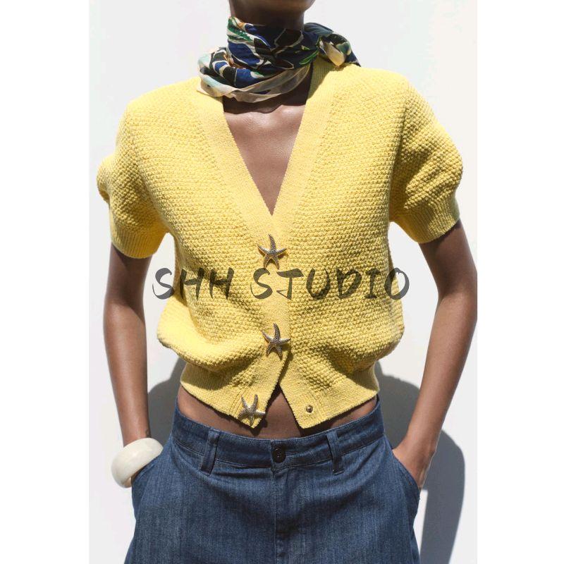 Summer New Product Women's Clothes French Classic Style Short Sleeve V Neck XINGX-Shaped Button Decoration Knitting Outwear 6771066
