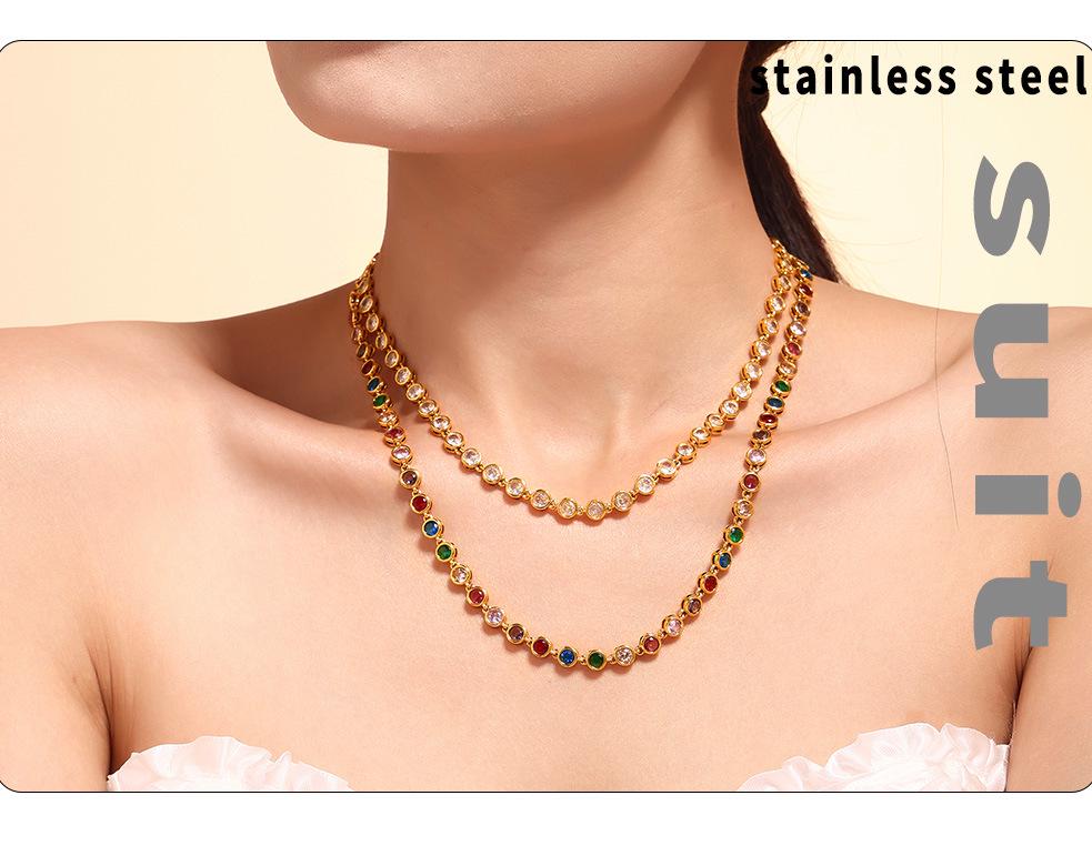 Bohemian Zircon Jewelry Set: Colorful Beads, Round Necklace & Bracelet, Titanium Steel with PVD Plated 18K Gold.