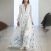 Ladies' Casual And Fashionable Solid Color Printed Patchwork V-neck Long  Dress