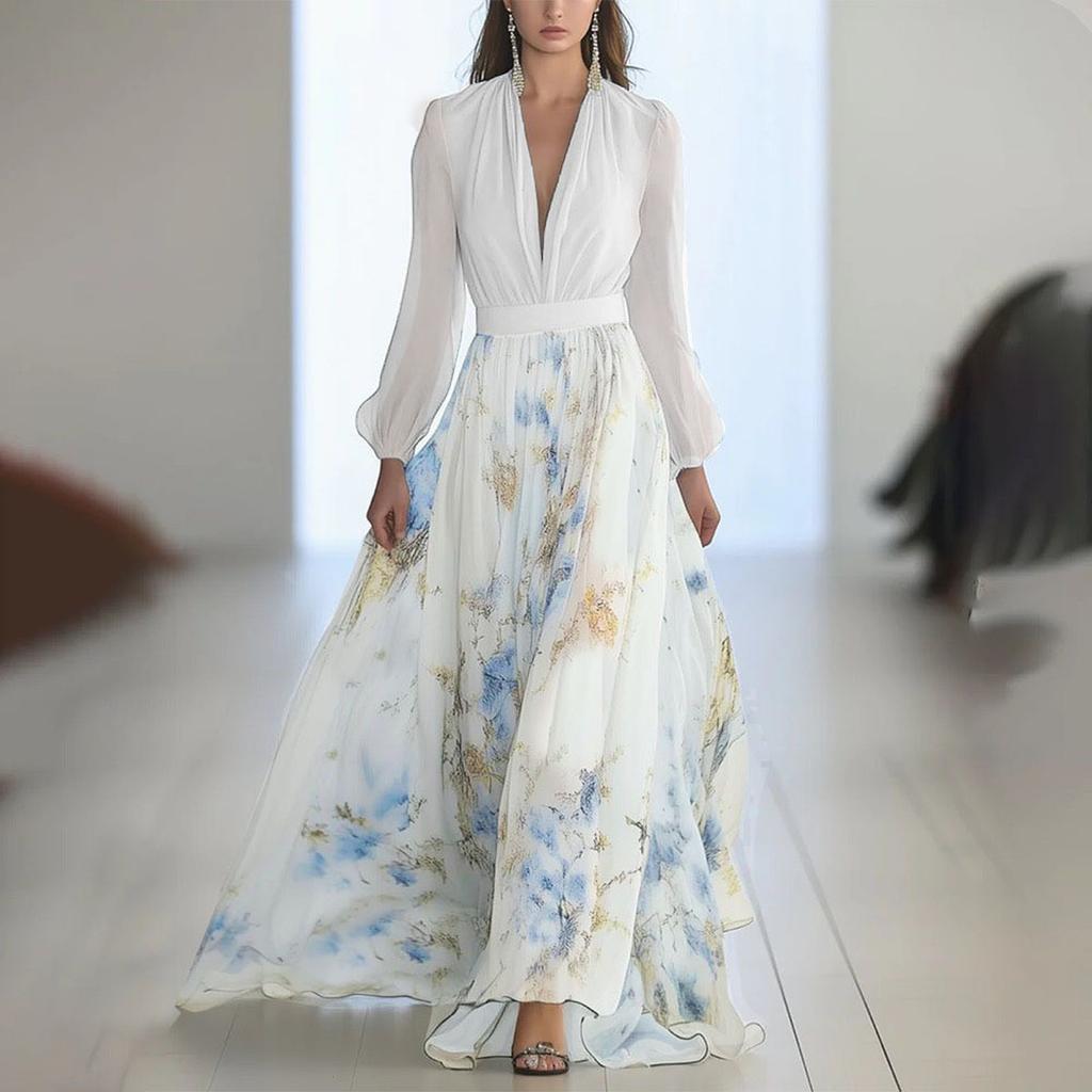 Ladies' Casual And Fashionable Solid Color Printed Patchwork V-neck Long  Dress