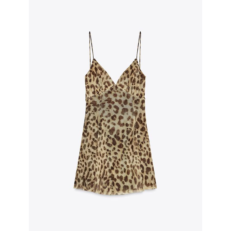 

Za2025 Summer New Women clothes Sexy Print Silk Net V-neck Sling Short Dress 5039132 051 Leopard print S