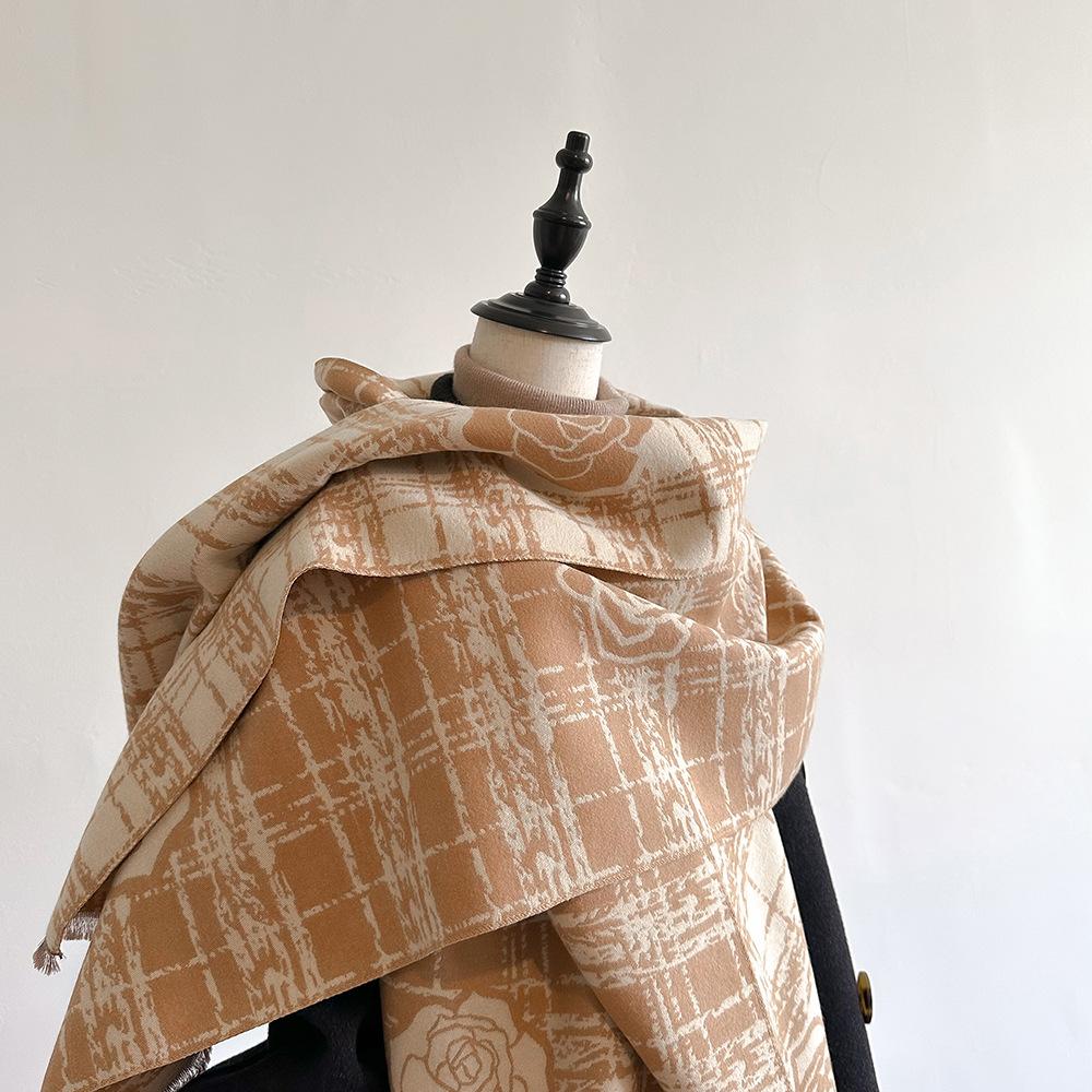 Premium Temperament Imitation Cashmere Scarf Women'S Small Fragrance Double-Sided Rose Tide Shawl Imitation Cashmere Thickened