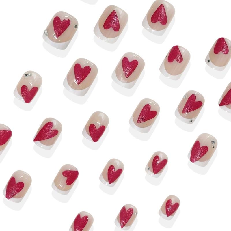 Pack Of 24 Artificial Nail Featuring 3D Textured Glitters Hearts French Design For Home Nail Art Multiple Sizes Included
