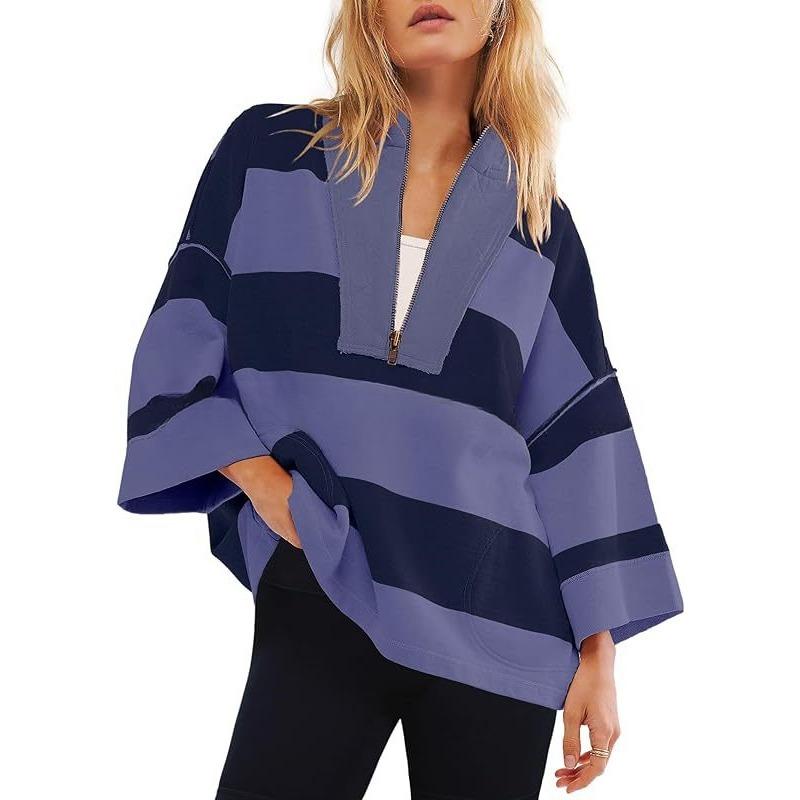 Women's Oversized Striped Shirt Half Zip Sweatshirt Patchwork V Neck Top Casual Loose Pullover