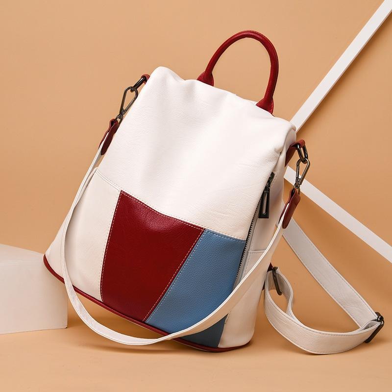 Women's Backpack Ladies Soft Leather Waterproof Multi-purpose Travel Bag Stitching Contrast Color Bags