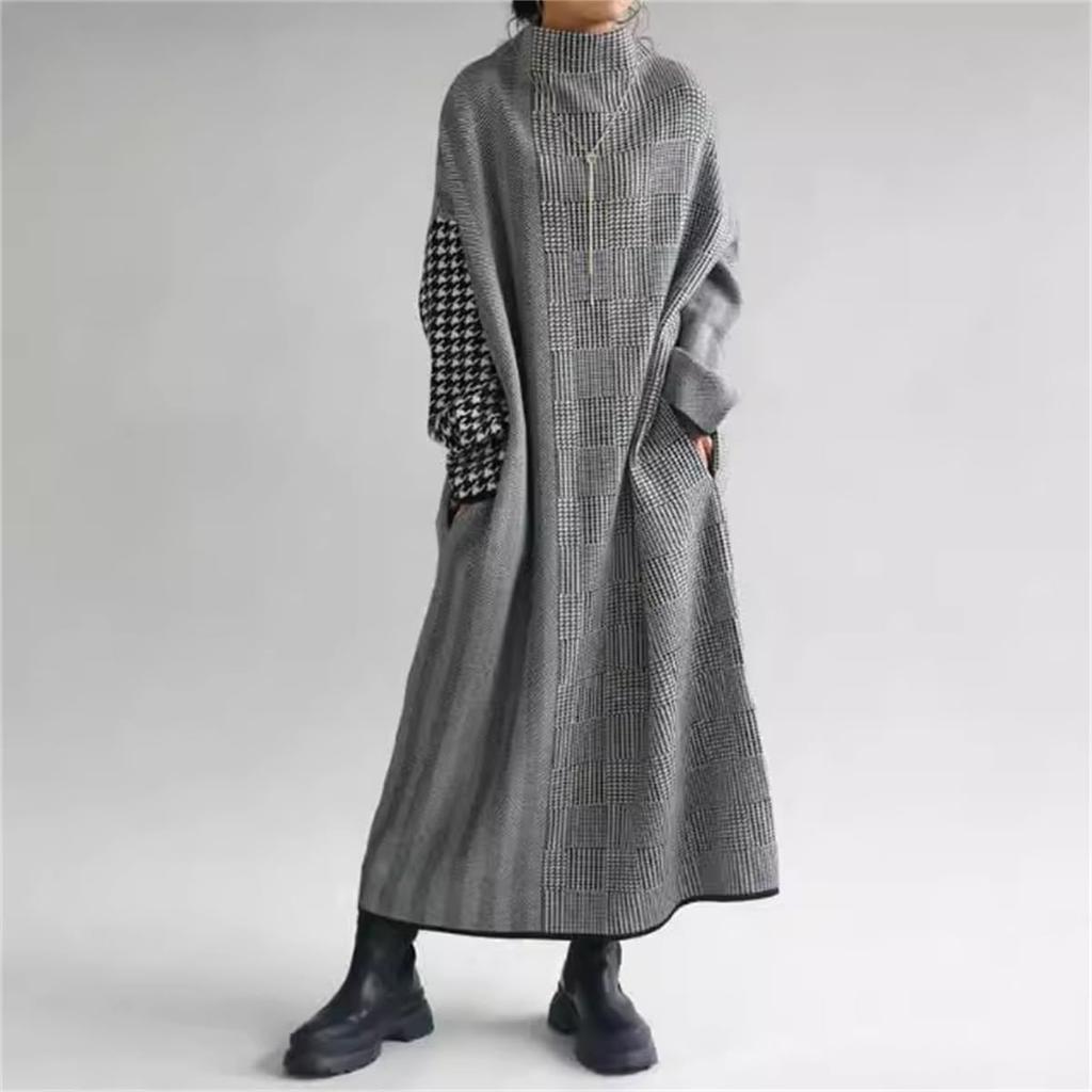 YUANYUAN Houndstooth Docking Knit Long High Long Color High Check Loose For Office Winter One Size Fits Women's Dress, Dress, Dress, Length, Neck,