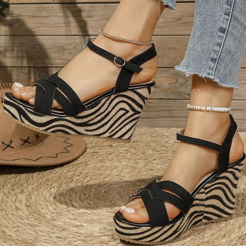 Fashion Shoes for Women Fashion Stripe Platform Sandals Summer Cross Strap Open Toe Sandal Woman Vacation Back Strap Wedge Sandal Female