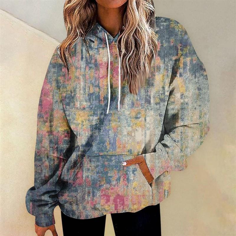 Womens Oversized Hooded Sweatshirt With 3D Print Graphic Loose Fit Long Sleeve Casual Top In Vintage Tie-Dye Style