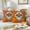 2D Flat, 2Pcs Day Of The Dead Sugar Skull Throw Pillow Covers - Mexican Folk Art Design With Vibrant Orange Floral Patterns