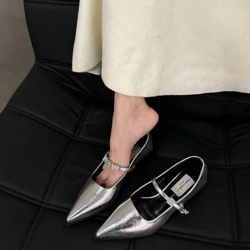 Mary Jane Shoes Comfortable Lightweight Thick Heel Shoes Women's Leather Shoes Fashion Classic Silver Pointed Low Heel Sandals