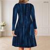 Women Plus Size V Neck Long Sleeve Blue Printed Curved Hem Dress