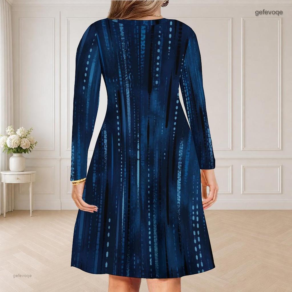 Women Plus Size V Neck Long Sleeve Blue Printed Curved Hem Dress
