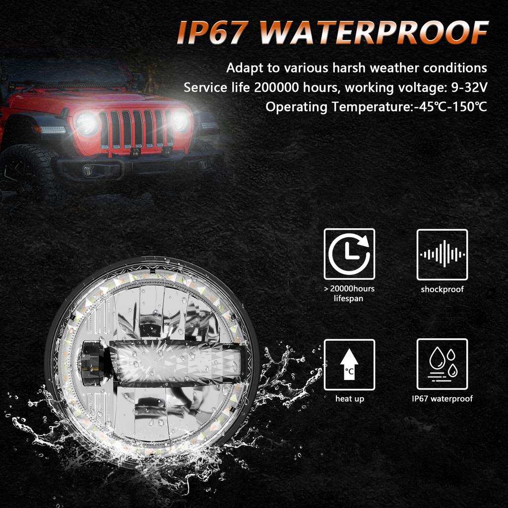 2Pcs High Low Beam LED Headlights IP67 Waterproof Off Road Vehicle Front DRL Turn Signal Lamp