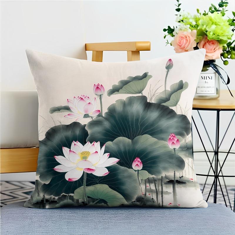 Chinese Style Ink Lotus Pillowcase Dormitory Decoration Office Living Room Home Pillowcase