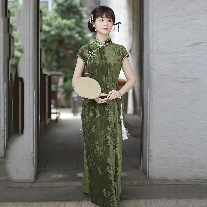 Black Velvet Floral Brocade Qipao Dress Women Vintage Chic Long Fit-and-Flare Sleeveless Style