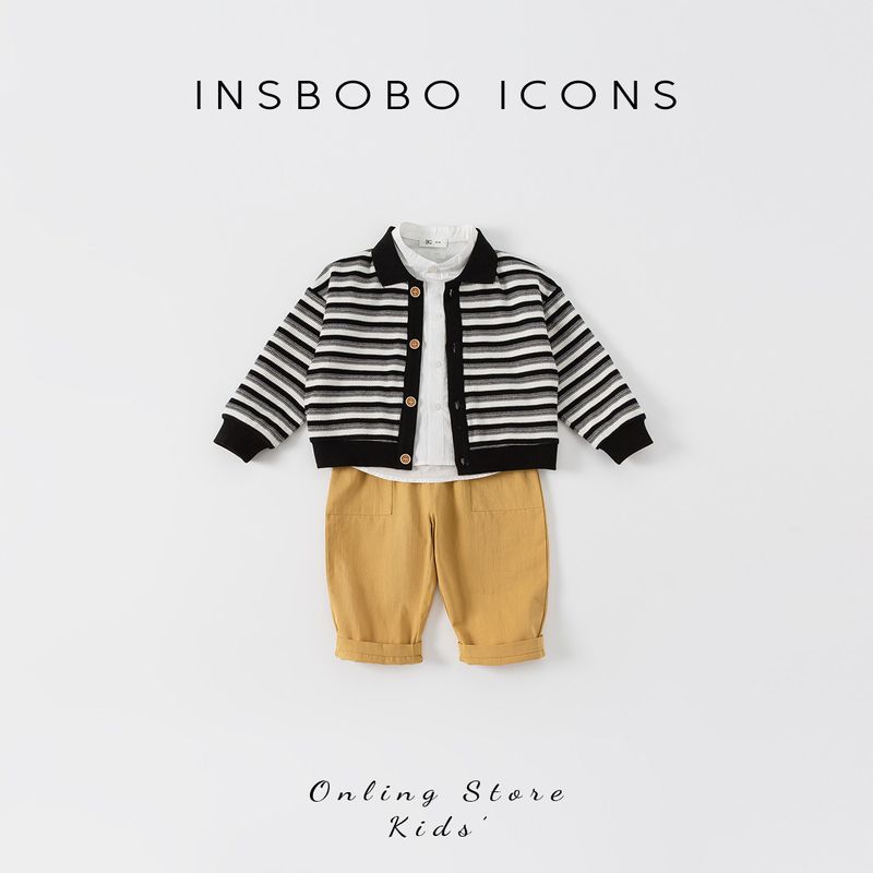 Children s Clothing Boys  Spring Outfit 2026 New Spring Children s Suit Boys  Trendy Cool Boy Clothes Stylish and Trendy Black and White Stripes + White + Brown 130
