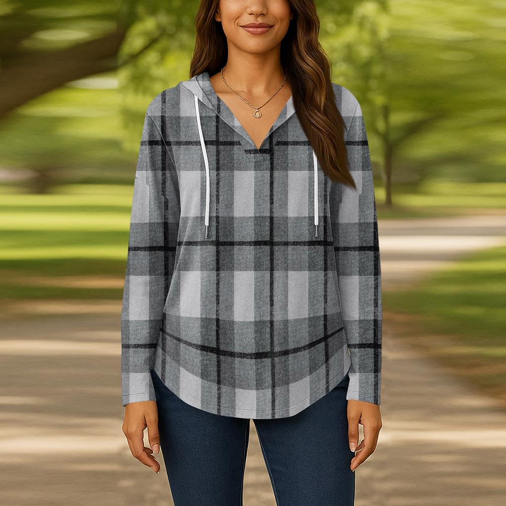 Damenmode Kapuzenpullover V-Ausschnitt Langarm Geblümter Kordelzug Lässig Locker Pullover Tops