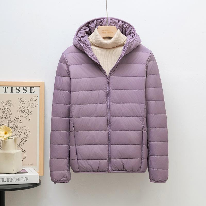 Down jacket women's light and thin fashion hooded short plus large size plus fat white duck down light European size coat