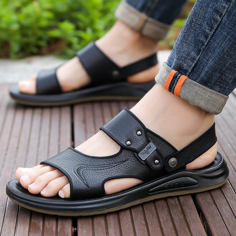 Pierwsza warstwa skóry bydlęcej męskie sandały letnie z podeszwą ze ścięgien wołowych set tower buty plażowe casualowe dwufunkcyjne zielone sandały