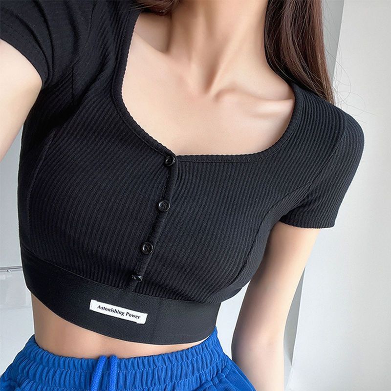 

With Chest Pad Yoga Clothes Women 2024 New Advanced Sense Sports Top Short sleeve Professional Running Training Fitness T-shirt Black Free size (40.00kg -65.00kg)