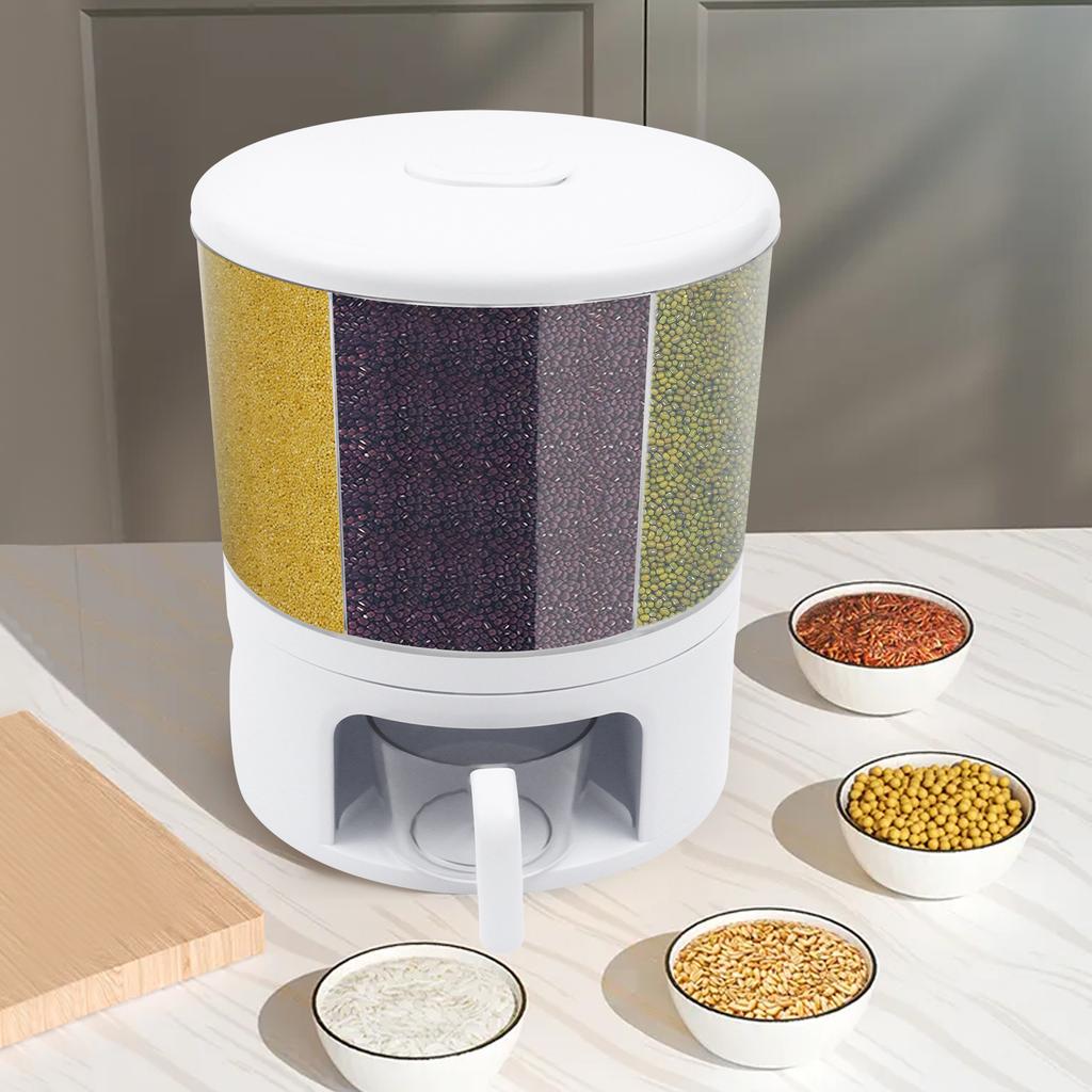 360° Rotating Grain Dispenser for Rice, Beans, Seeds – 11KG Large Capacity White Kitchen Storage Container with Measuring Cup
