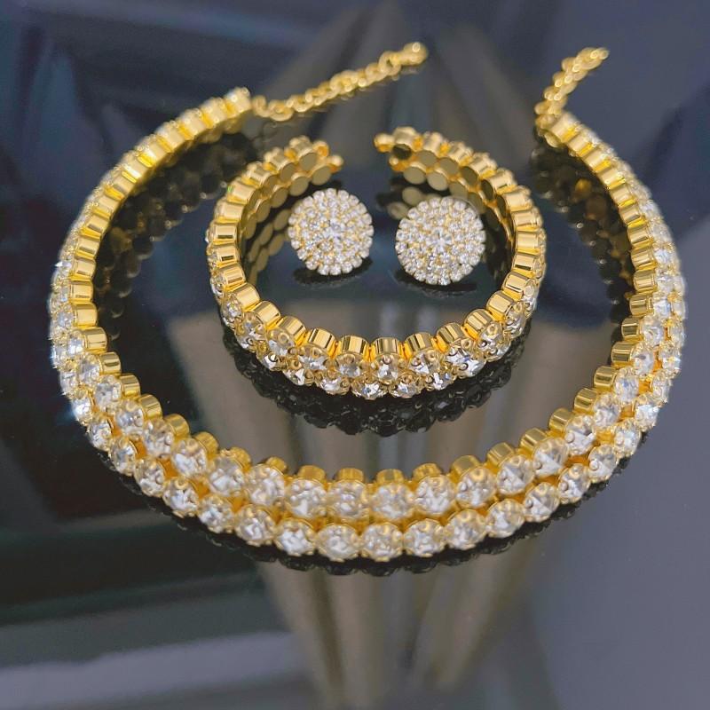 Bridal Diamond Collar Set Jewelry Full Diamond Crystal Necklace Earrings Bracelet Three-piece Set